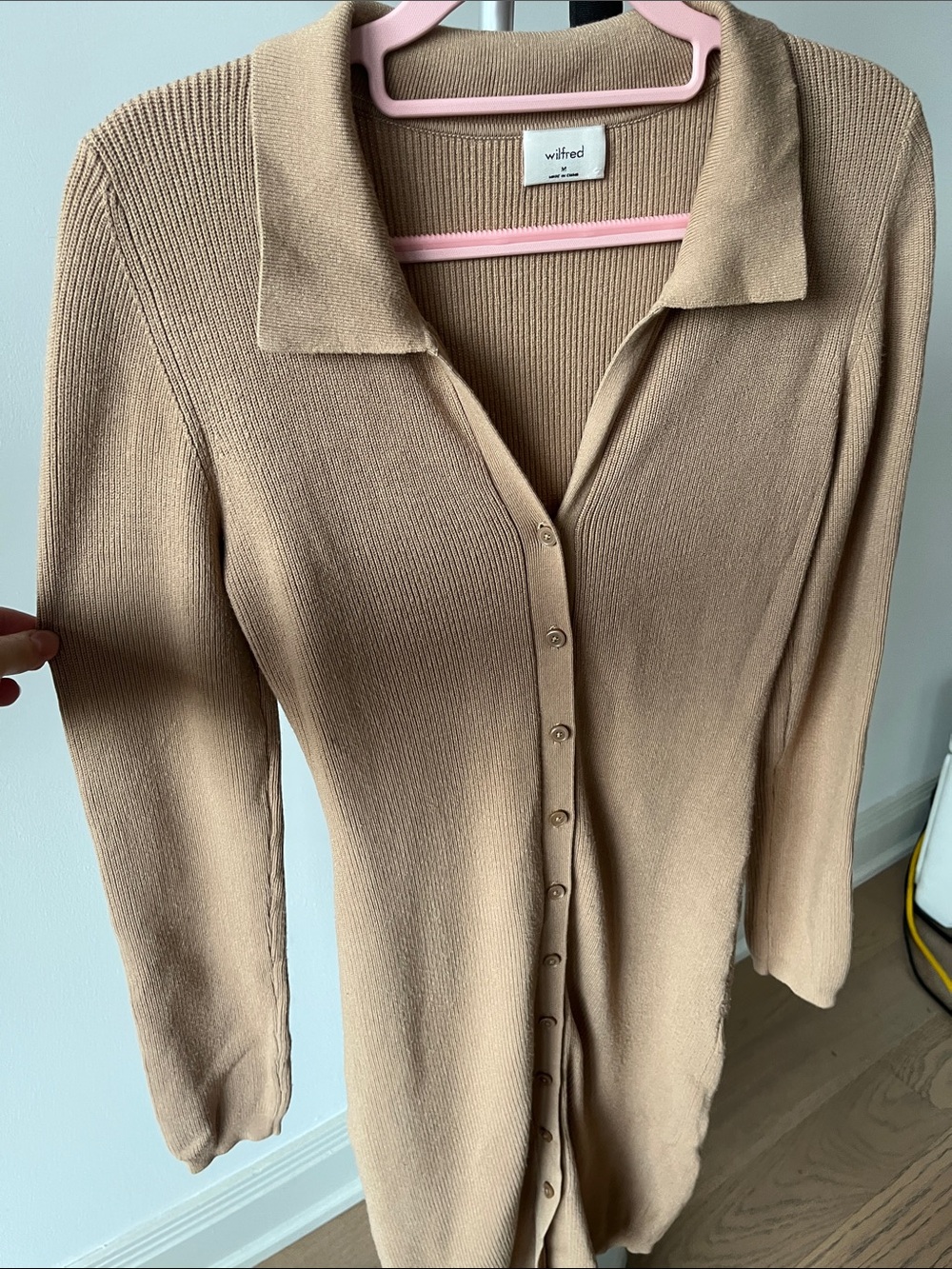 Aritzia Wilfred Button-Front Tan Knit Dress with Collar - Picture 5 of 5